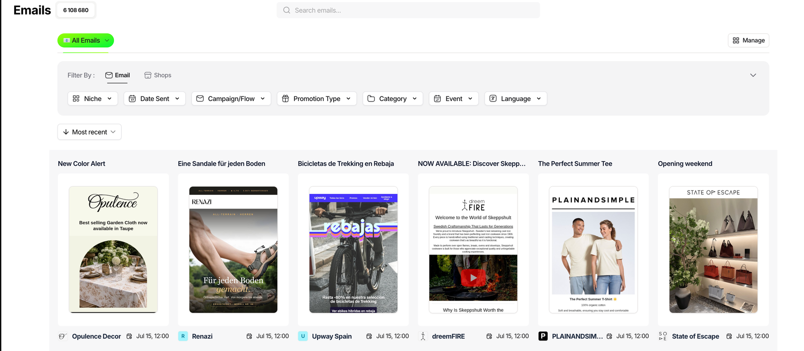 TrendTrack Emails module showing a grid of competitor email previews with Campaign and Flow filters