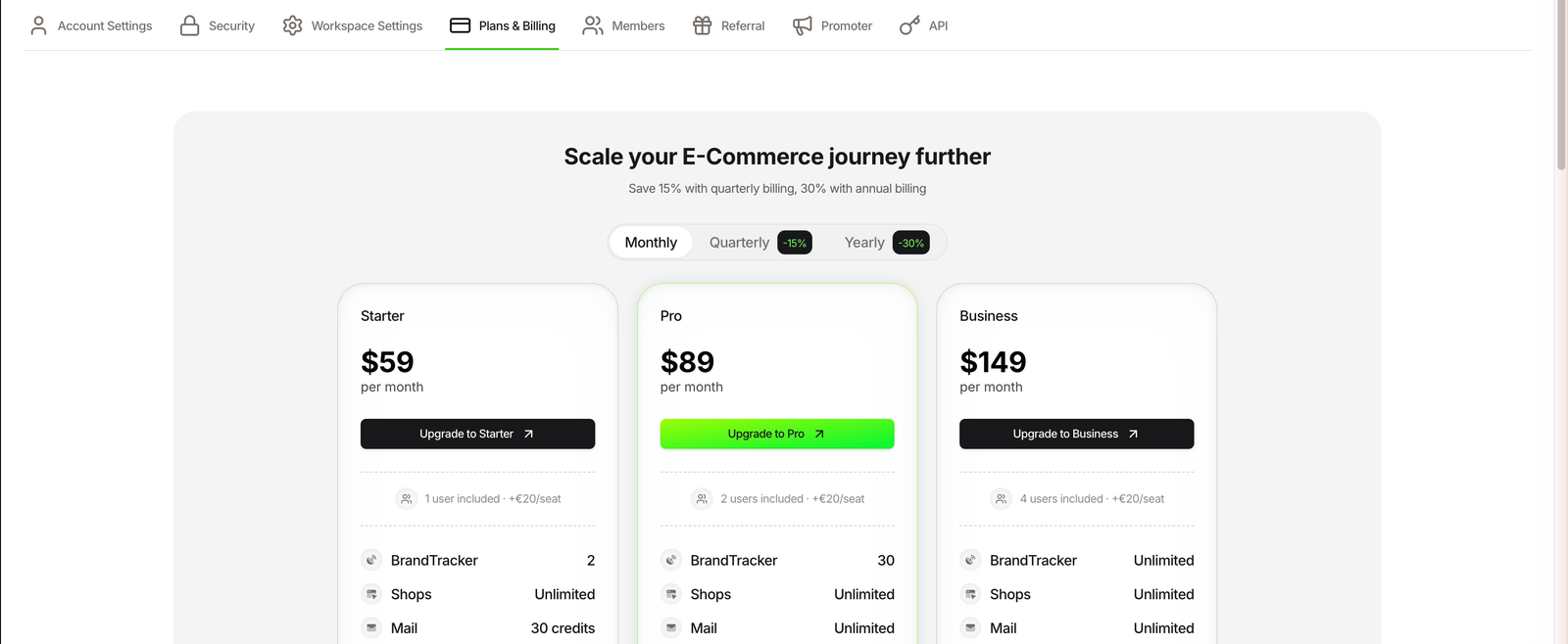 TrendTrack Plans and Billing page showing Starter, Pro and Business monthly prices.