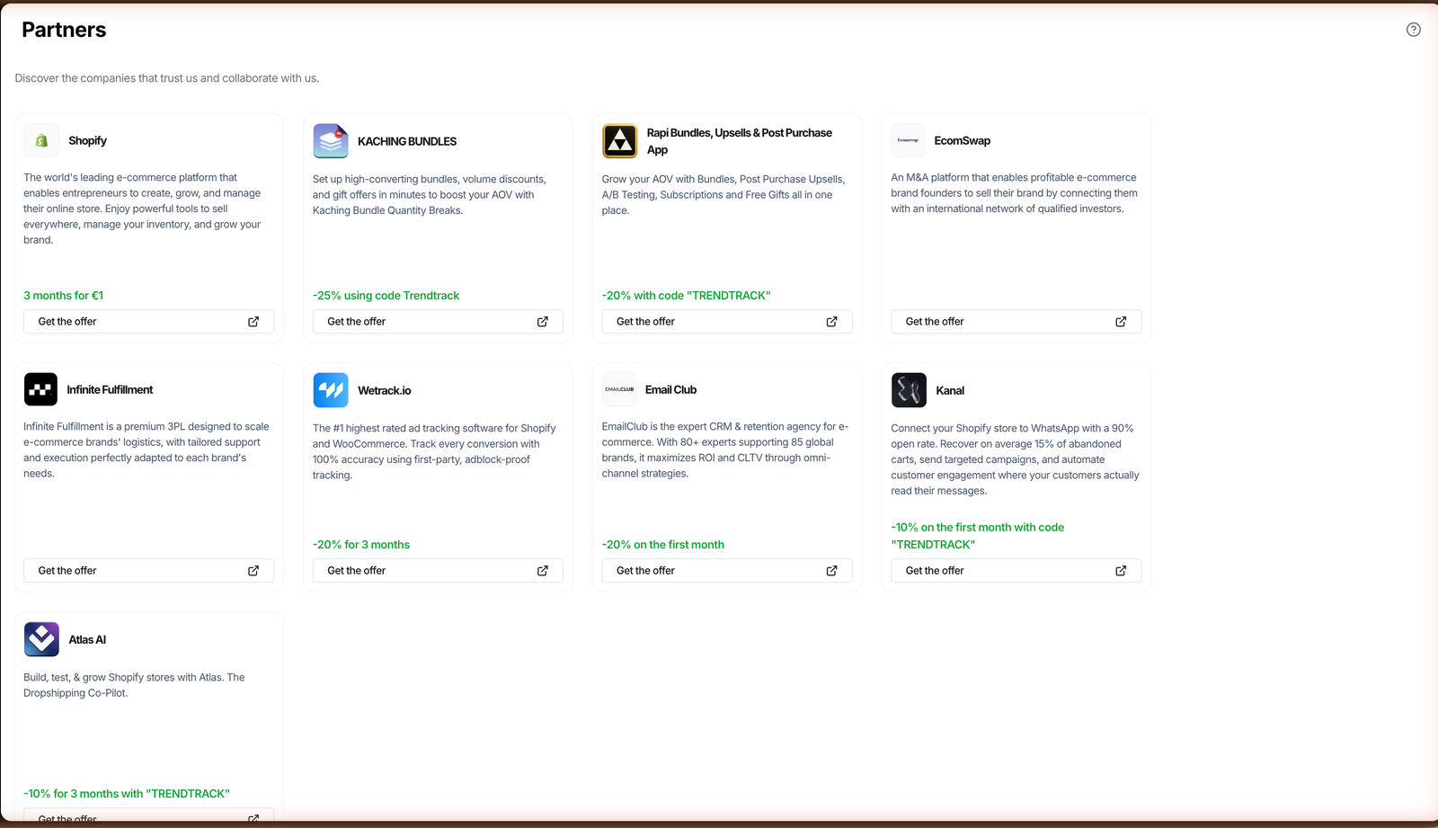 TrendTrack Partners Deals page listing nine partner offers unlocked with the code TRENDTRACK