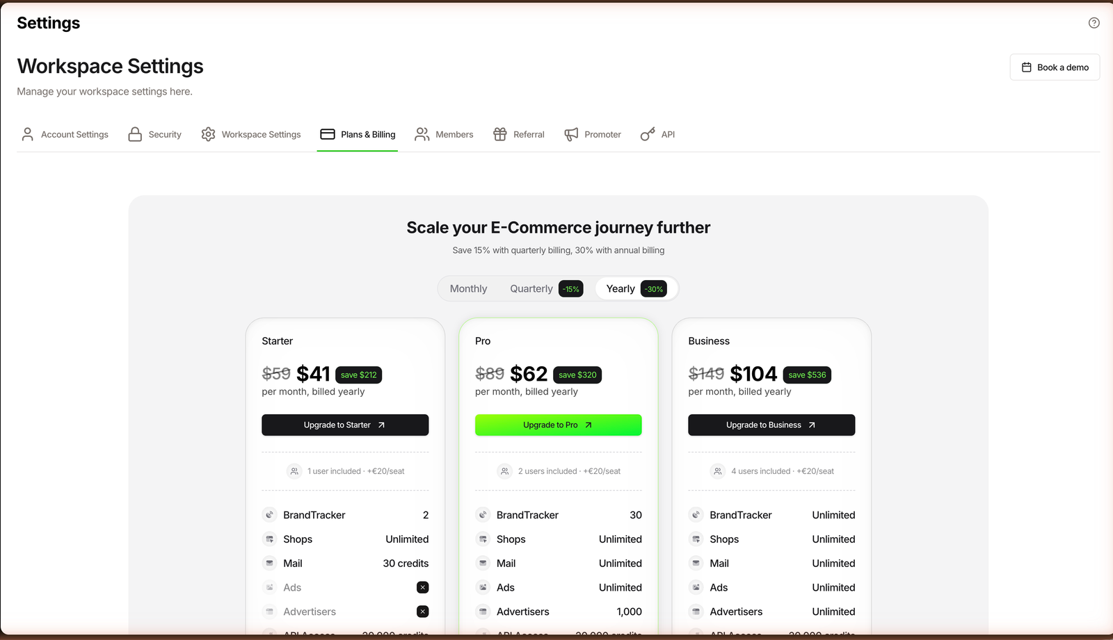 TrendTrack Plans and Billing page with Yearly billing selected, showing Starter at $41, Pro at $62 and Business at $104 per month