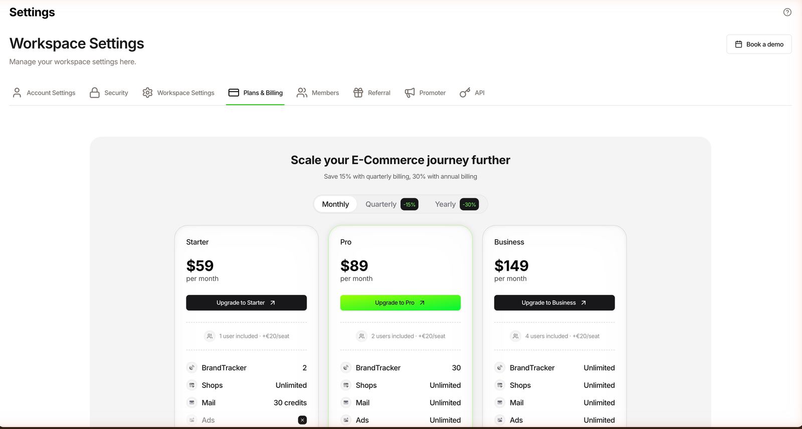 TrendTrack Plans and Billing page showing Starter at $59, Pro at $89 and Business at $149 per month, with the Monthly, Quarterly and Yearly billing toggle and the Ads row locked on Starter