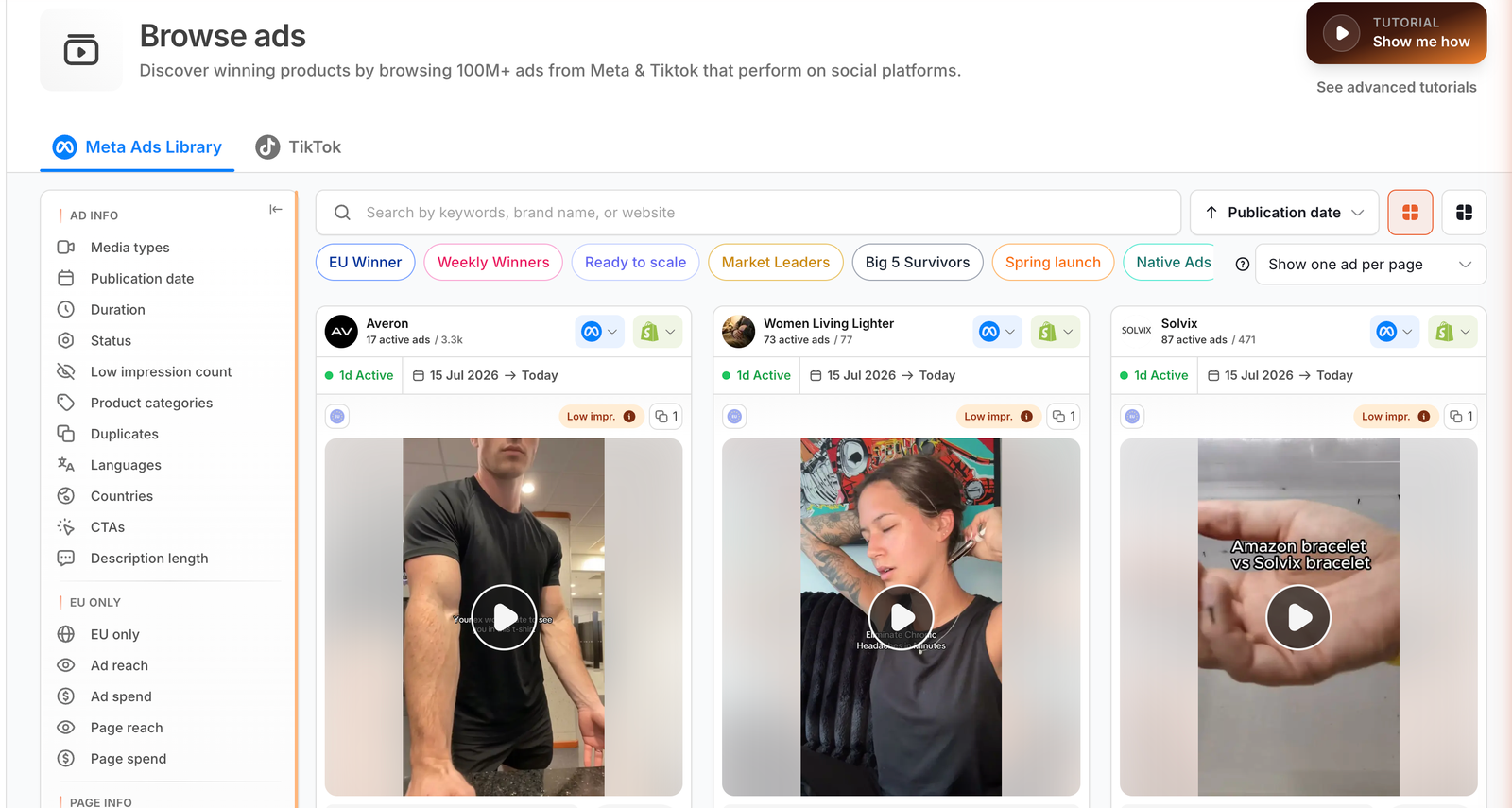 Minea Annonces module showing the Meta Ads Library and TikTok tabs, described as more than 100 million ads on Meta and TikTok