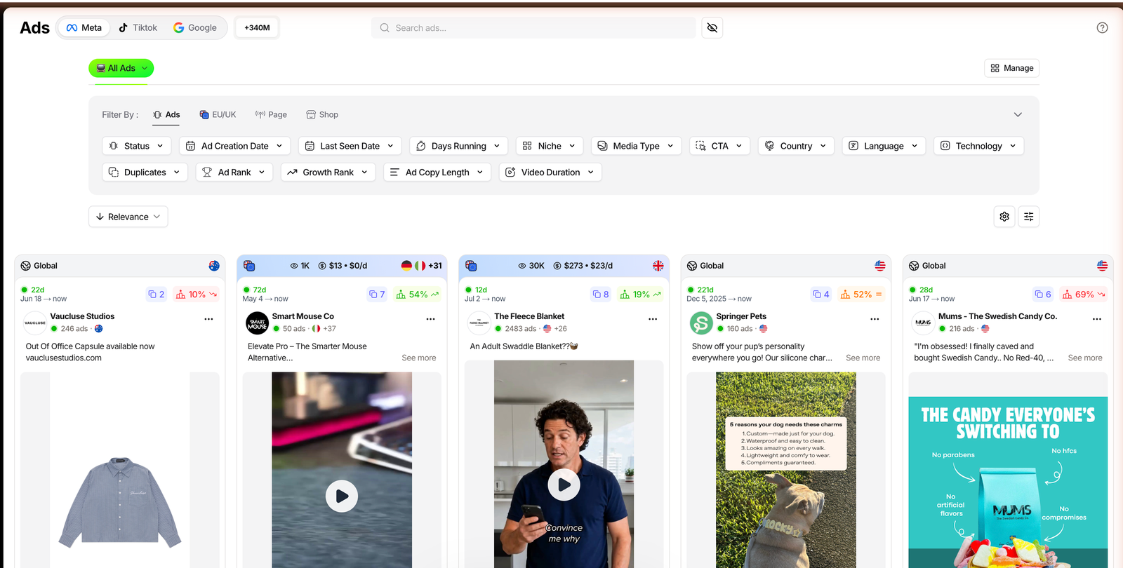 TrendTrack Ads module with Meta, TikTok and Google platform tabs and a counter of over 340 million ads, plus a grid of ads with Ad Rank badges