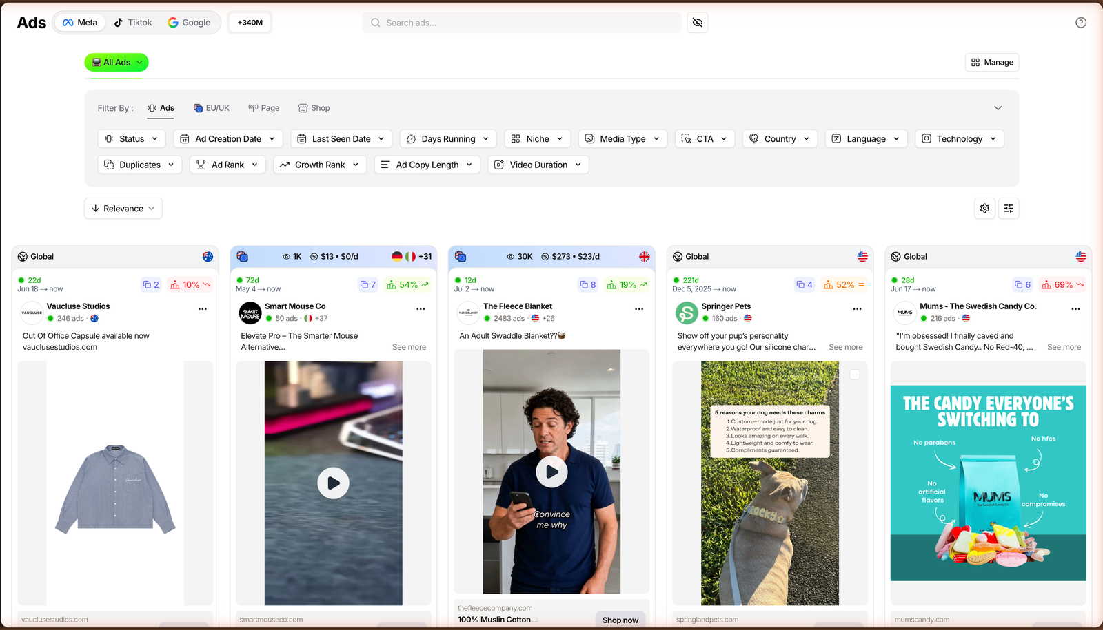 TrendTrack Ads module with Meta, TikTok and Google platform tabs and a 340M-plus ad counter