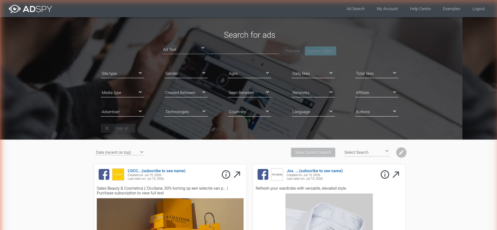 AdSpy ad search interface with filters for site type, gender, ages, likes, networks, affiliate and advertiser, above a grid of Facebook ad results