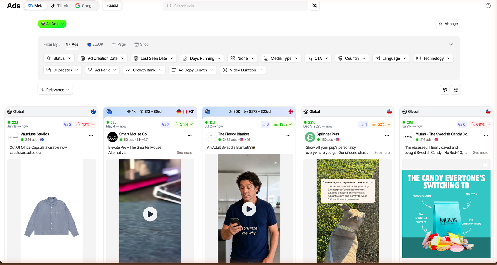 TrendTrack Ads module showing Meta, TikTok and Google platform tabs, a plus 340M ad counter, a full filter rail and estimated EU spend on each ad card