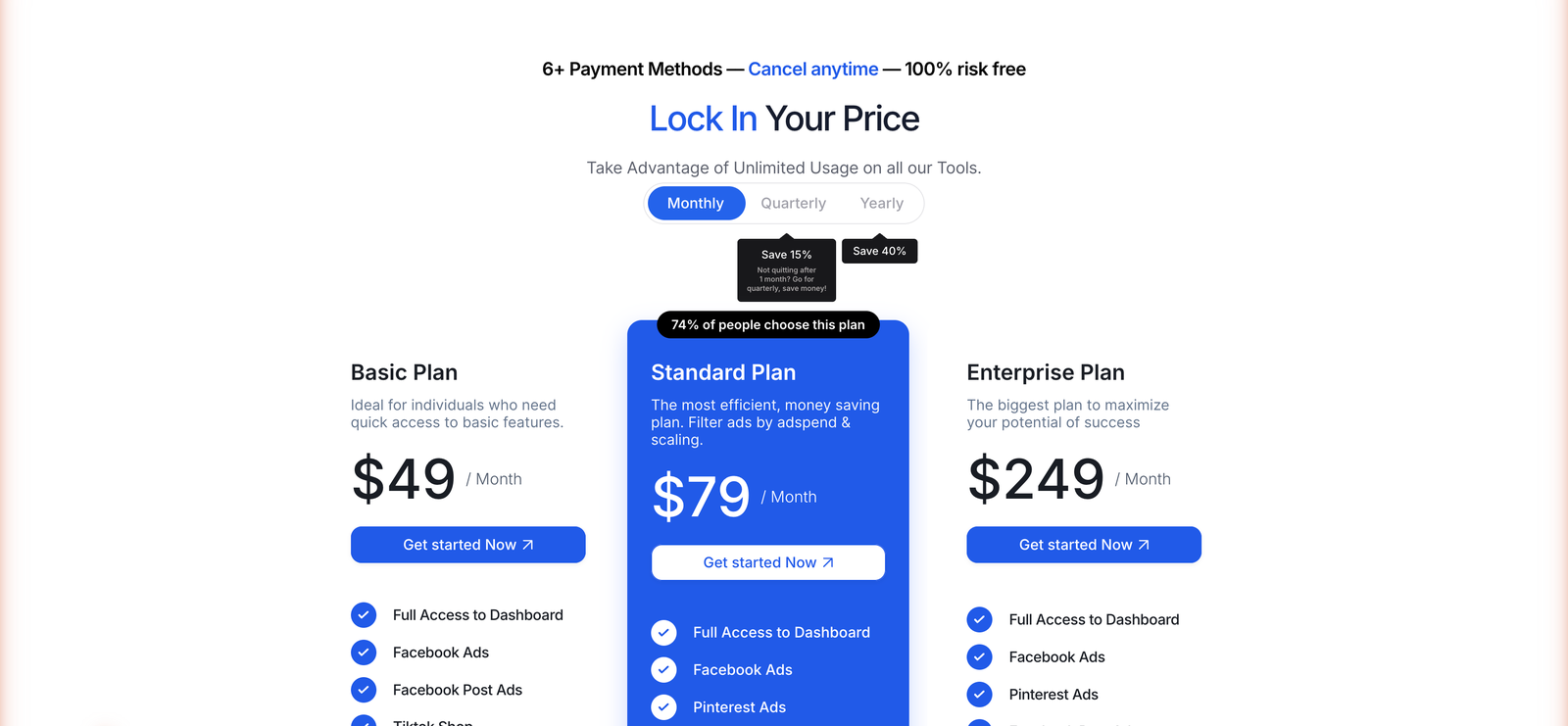 Winning Hunter public pricing page showing Basic 49 dollars, Standard 79 dollars and Enterprise 249 dollars per month with Facebook, TikTok and Pinterest ad coverage