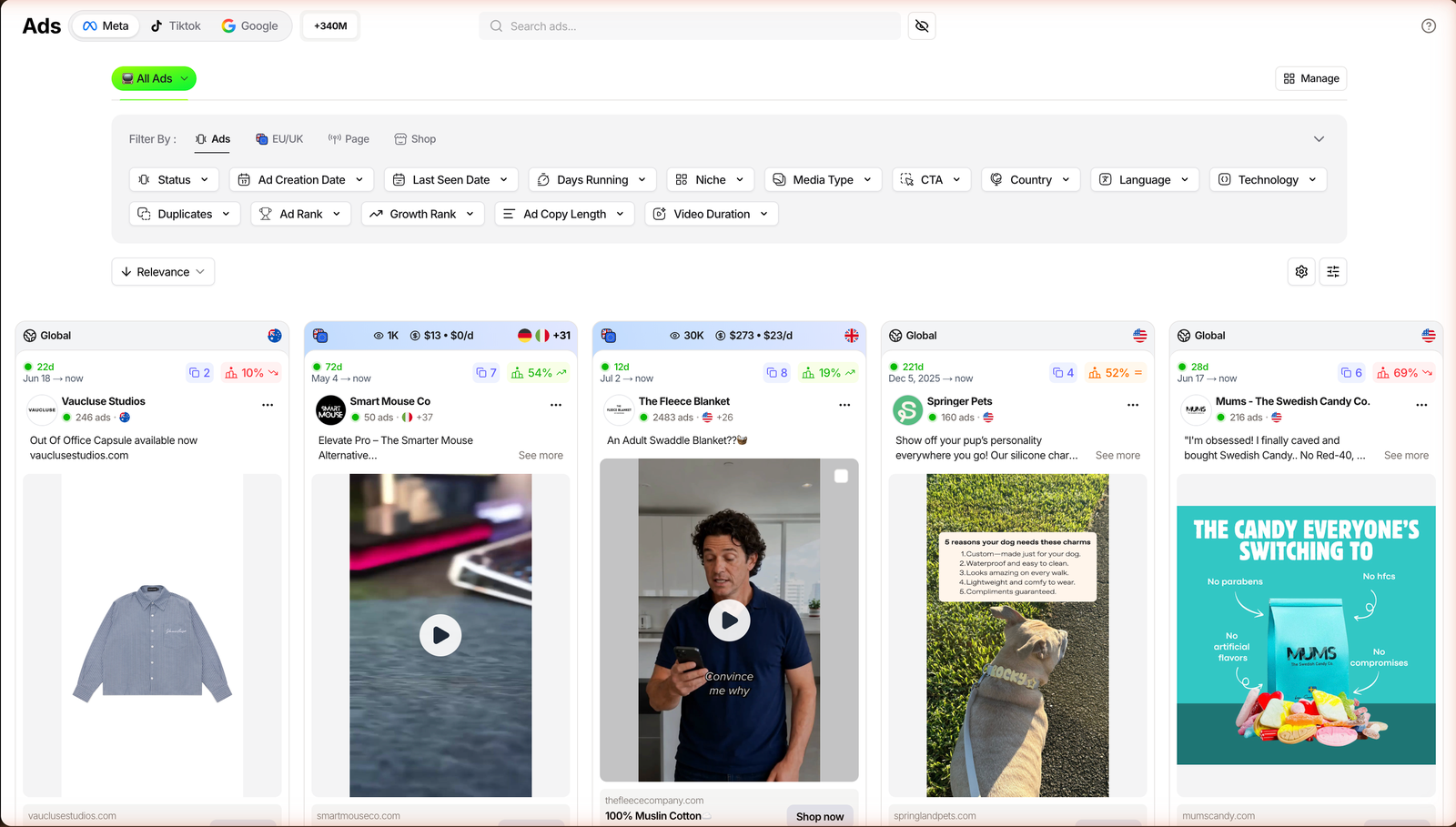 TrendTrack Ads module on the Meta tab showing the 340M-plus ad counter, platform tabs and filter groups