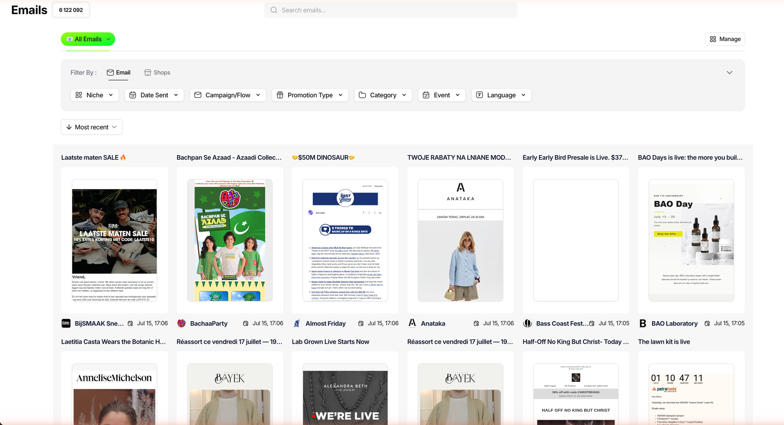 TrendTrack Emails module: a grid of competitor email previews, each tagged with the sending store and send date, above a total of 6,122,092 emails