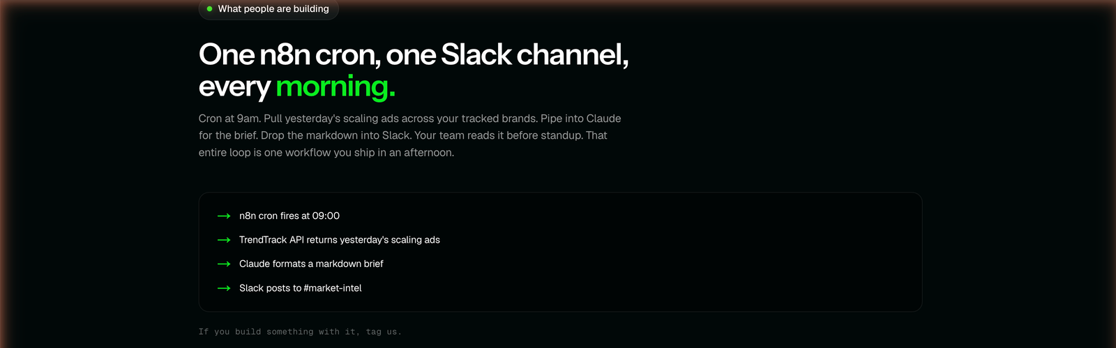 TrendTrack's documented n8n workflow: cron at 09:00, API returns yesterday's scaling ads, Claude formats a brief, Slack posts it