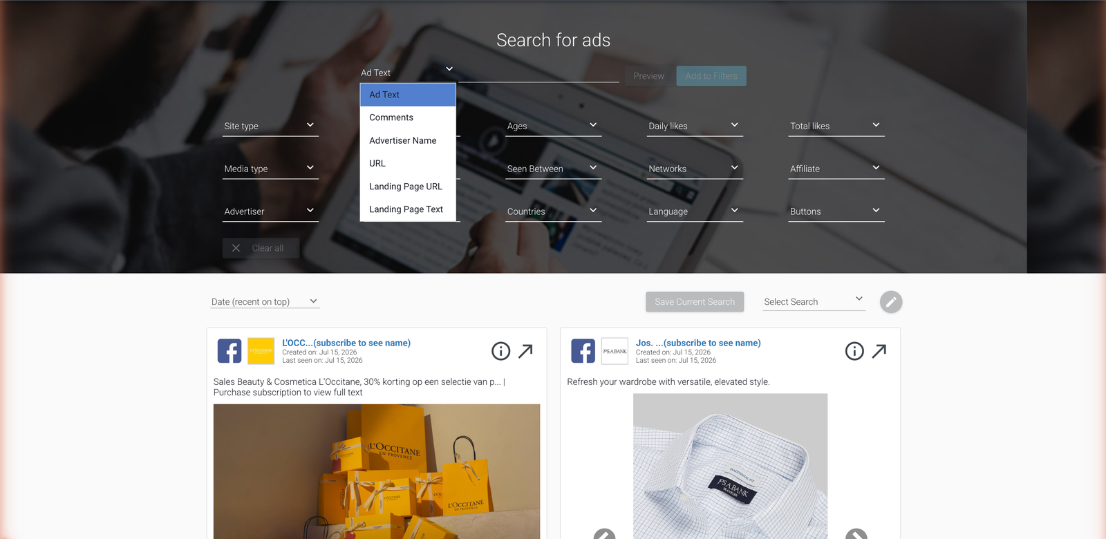 AdSpy search interface for Facebook and Instagram ads