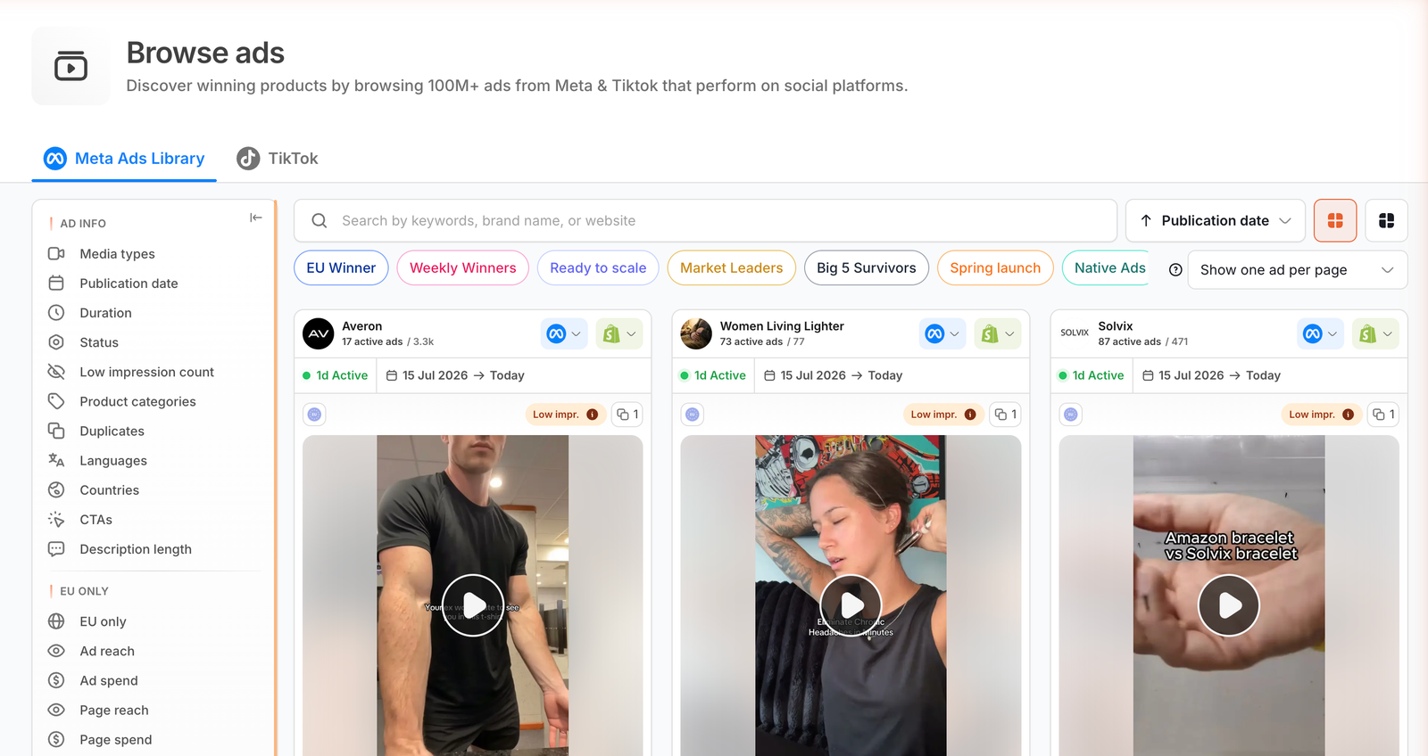 Minea ad library showing winning Meta and TikTok ads