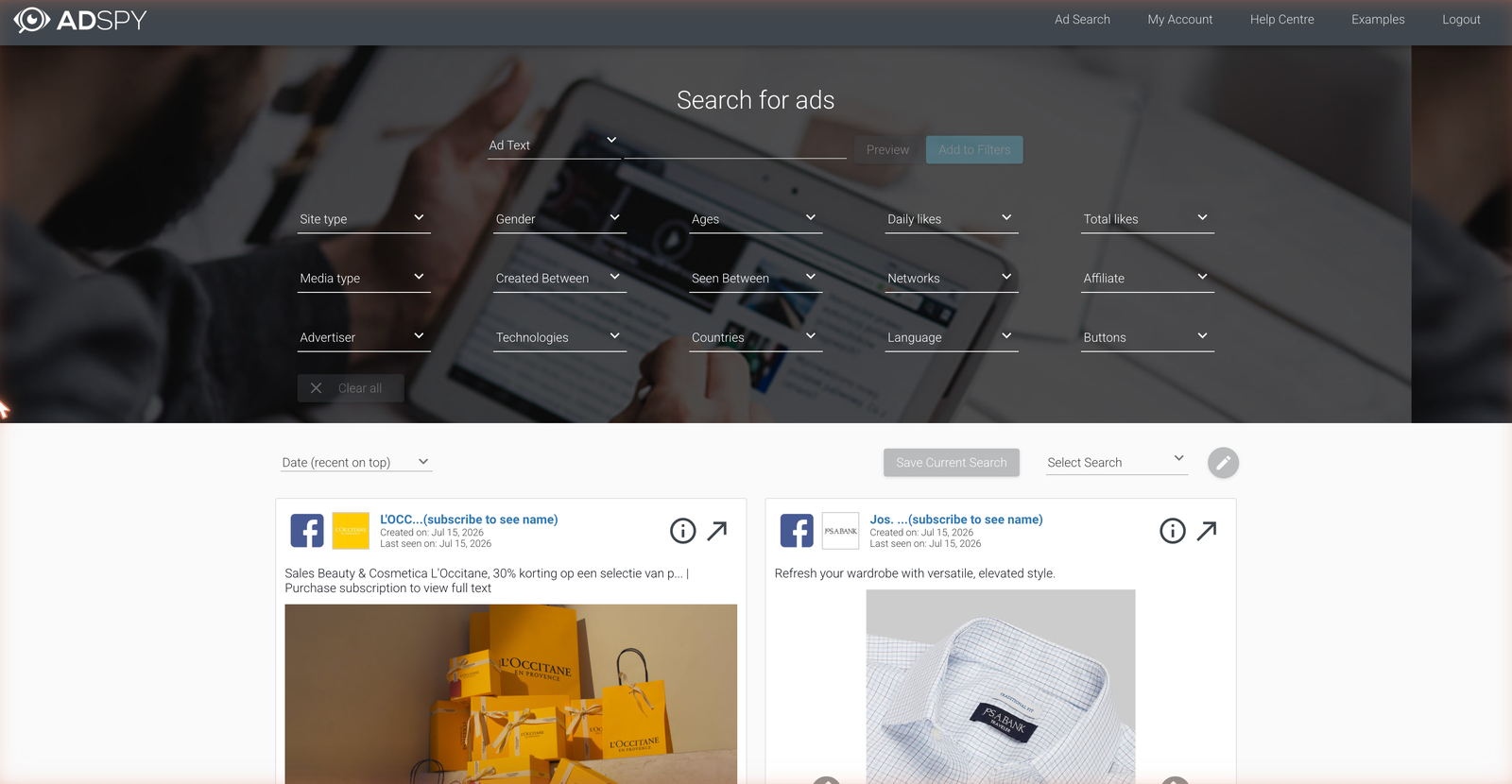 AdSpy search interface for Facebook and Instagram ads with advertiser, affiliate and demographic filters