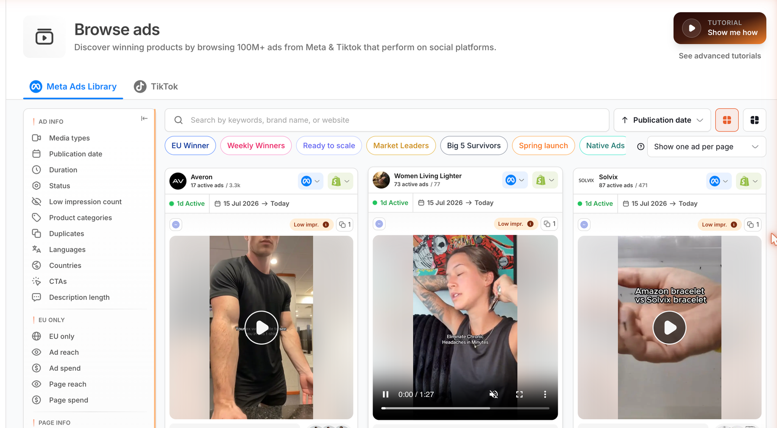 Minea Meta Ads Library browsing ads from Meta and TikTok with EU reach and spend filters