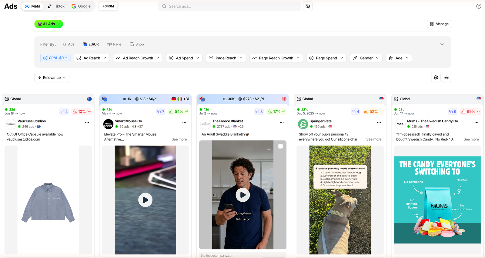 TrendTrack Ads module with Meta, TikTok and Google platform tabs and EU/UK spend on each ad
