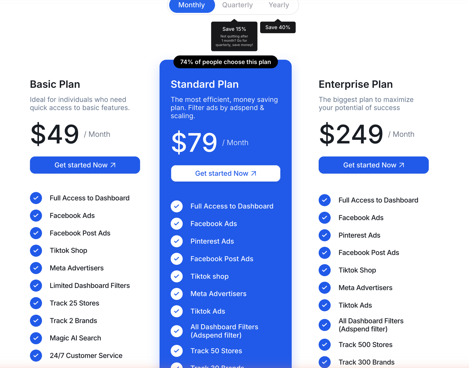 Winning Hunter pricing plans Basic 49, Standard 79 and Enterprise 249 dollars with Pinterest ads listed