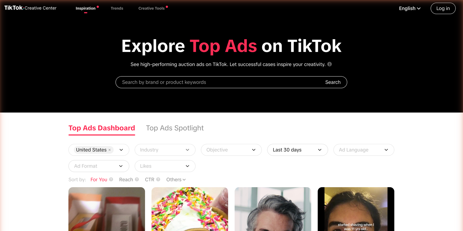 TikTok Creative Center Top Ads dashboard with country, industry, objective and format filters above a row of top-performing ad thumbnails