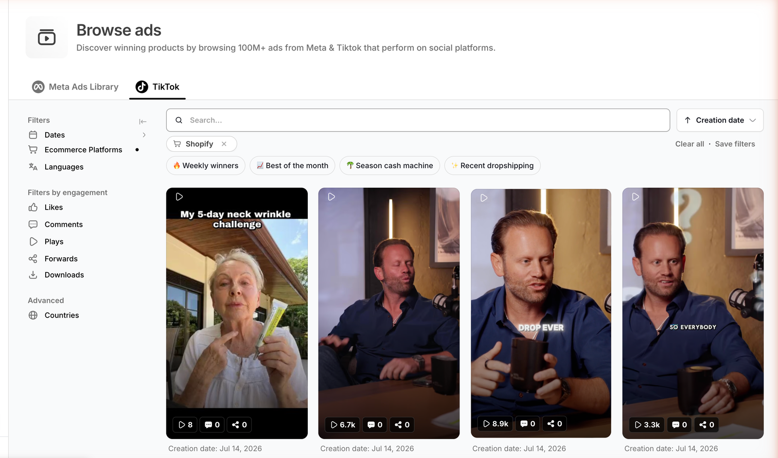 Minea ad library on its TikTok tab, showing a grid of TikTok video ads with play, comment and share counts