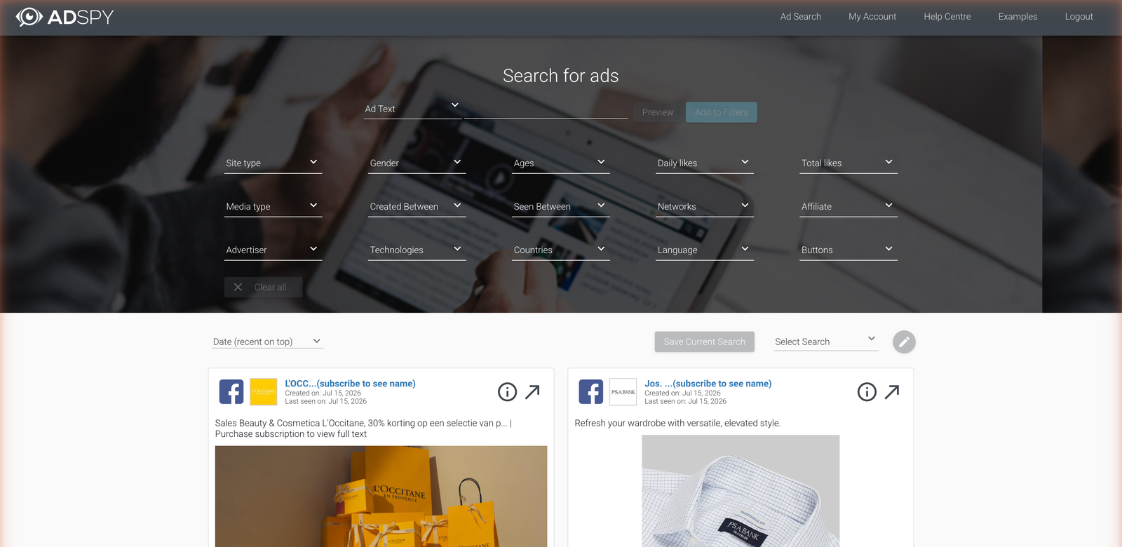 AdSpy ad search panel with Ad Text, Advertiser, Affiliate and Networks filters above Facebook ad results