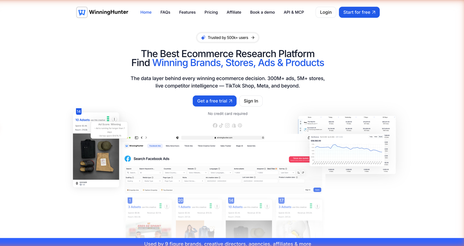 Winning Hunter homepage with its Search Facebook Ads tool and a 300M+ ads, 5M+ stores headline