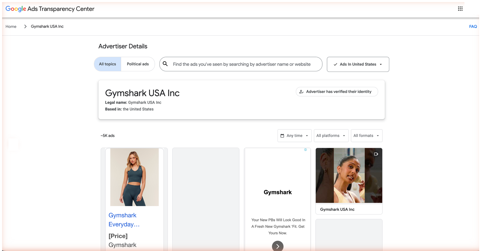 Google Ads Transparency Center advertiser page for Gymshark USA Inc showing its ad grid and platform filters