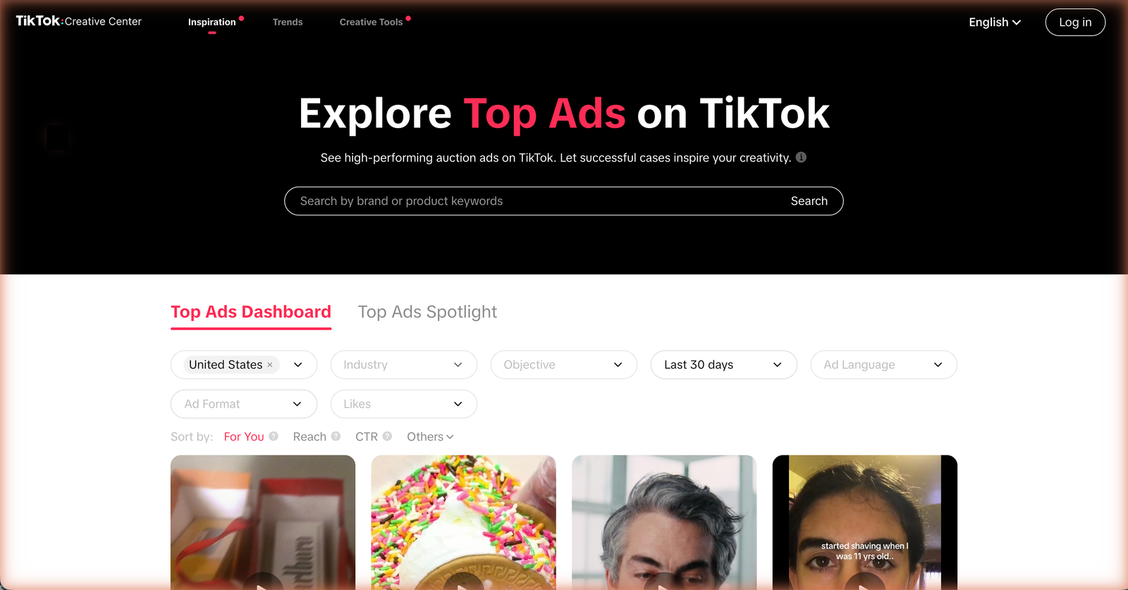 TikTok Creative Center Top Ads dashboard with United States filter and a grid of high-performing video ads