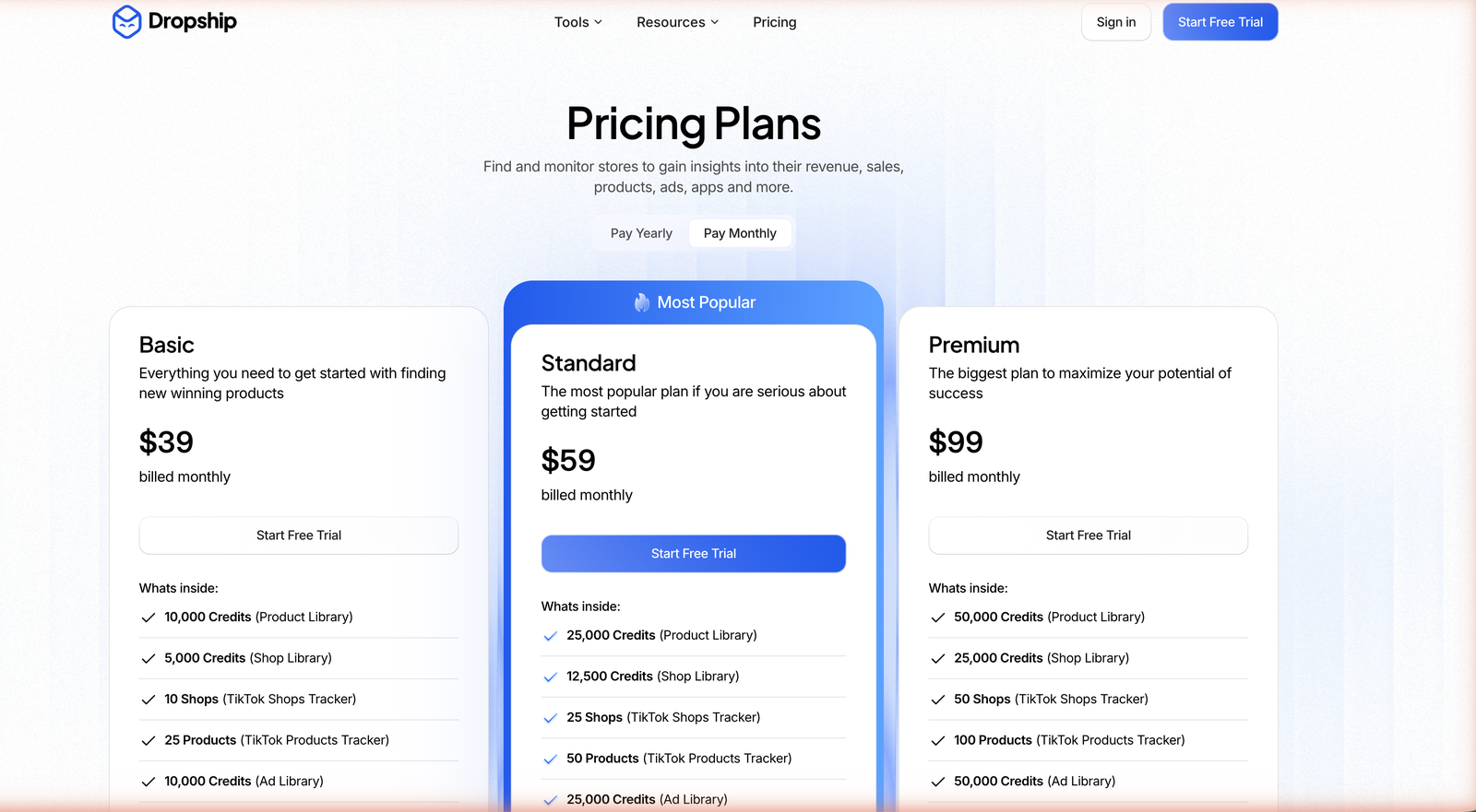 Dropship.io pricing page showing Basic $39, Standard $59 and Premium $99 plans billed monthly