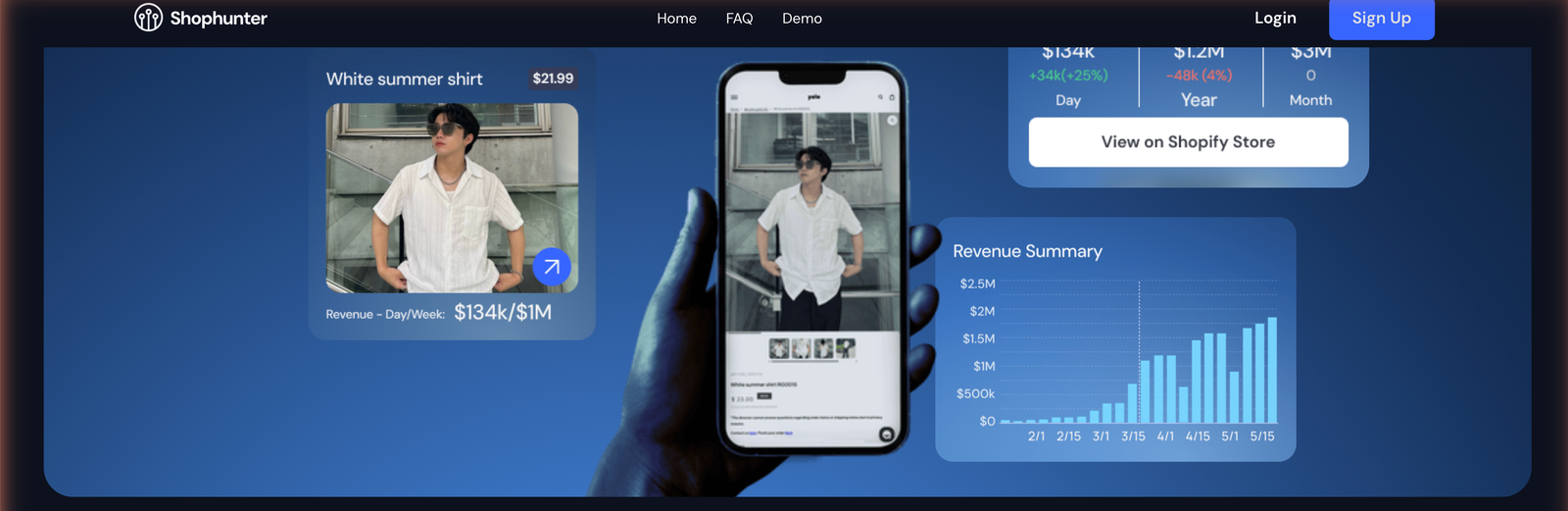 ShopHunter homepage showing a store's estimated day and week revenue and a revenue summary chart over time
