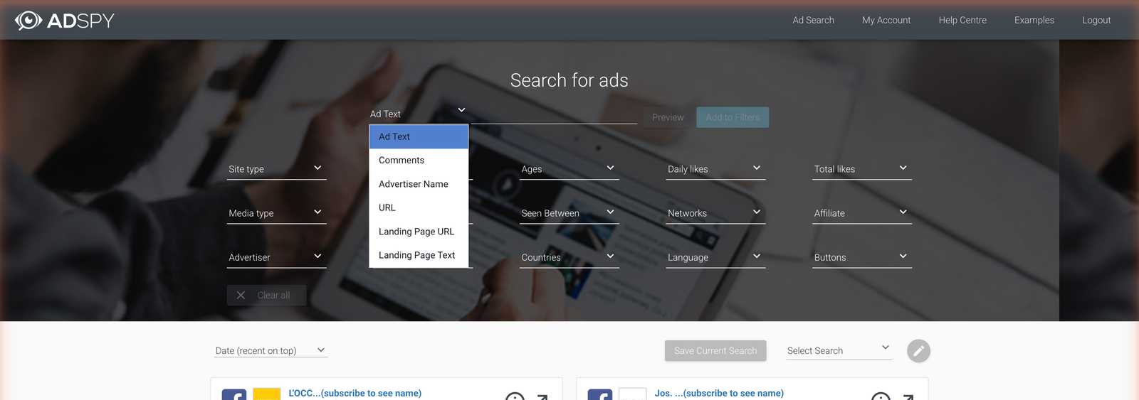 AdSpy search-type dropdown open, listing Comments alongside Ad Text and Advertiser Name search options