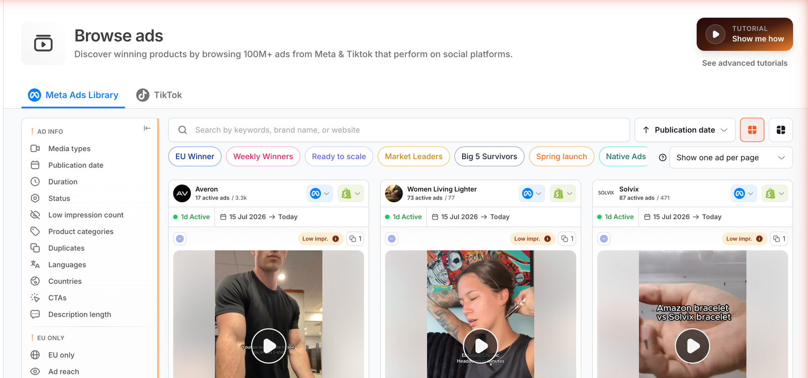 Minea Browse ads screen with Meta Ads Library and TikTok tabs only, no Google tab