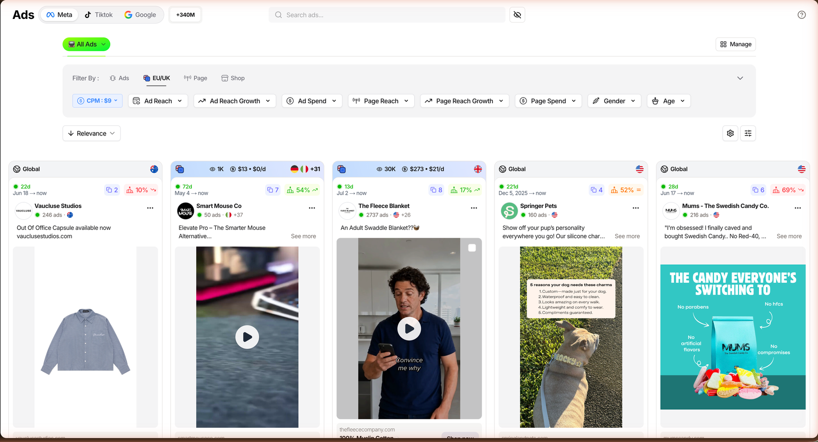 TrendTrack Ads module with Meta, TikTok and Google platform tabs above a grid of live ads