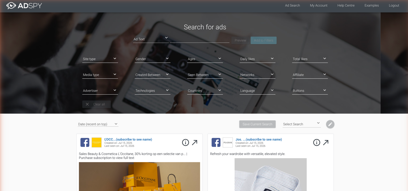 AdSpy search interface for Facebook and Instagram ads with comment search