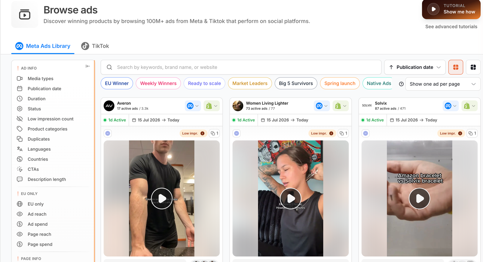 Minea ad library showing Meta and TikTok winning ads