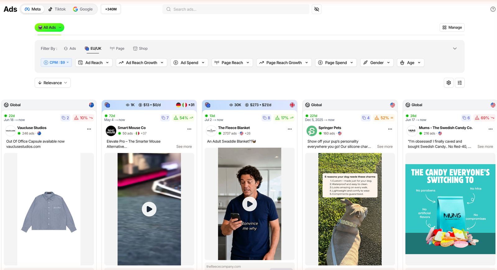TrendTrack Ads module with Meta, TikTok and Google tabs