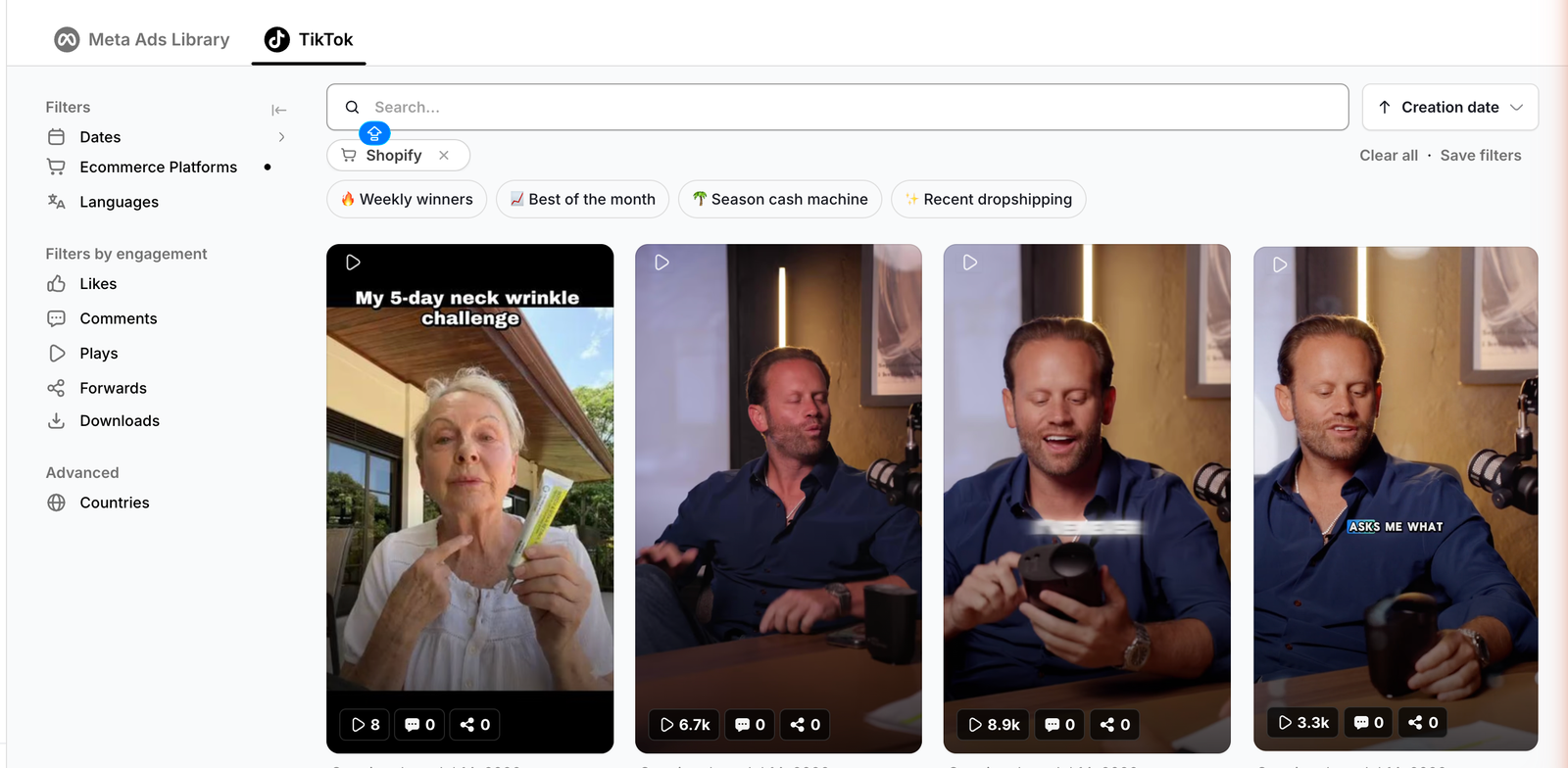 Minea TikTok Ads Library tab filtered to Shopify stores, showing four TikTok ad video creatives with play, comment and share counts