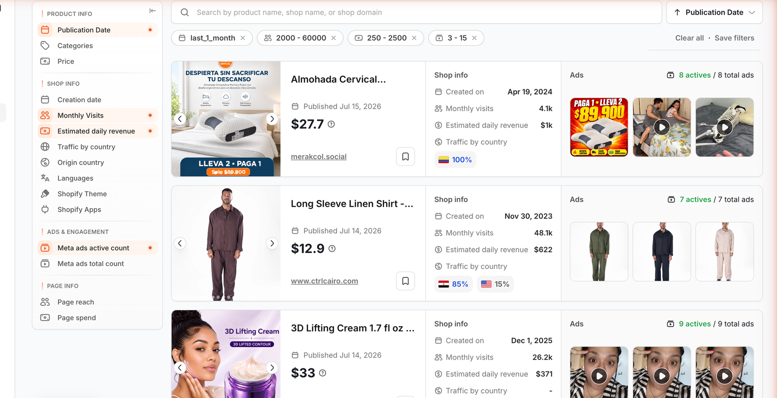 Minea Browse by Products feed showing winning Shopify products with estimated daily revenue and active ad counts