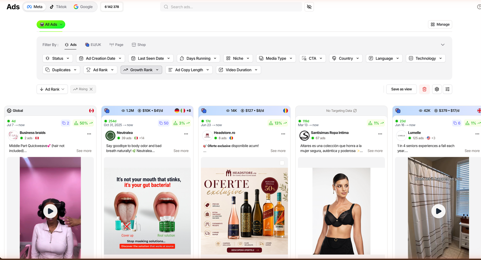 The TrendTrack Ads module filtered to rising creatives with Growth Rank set to Rising