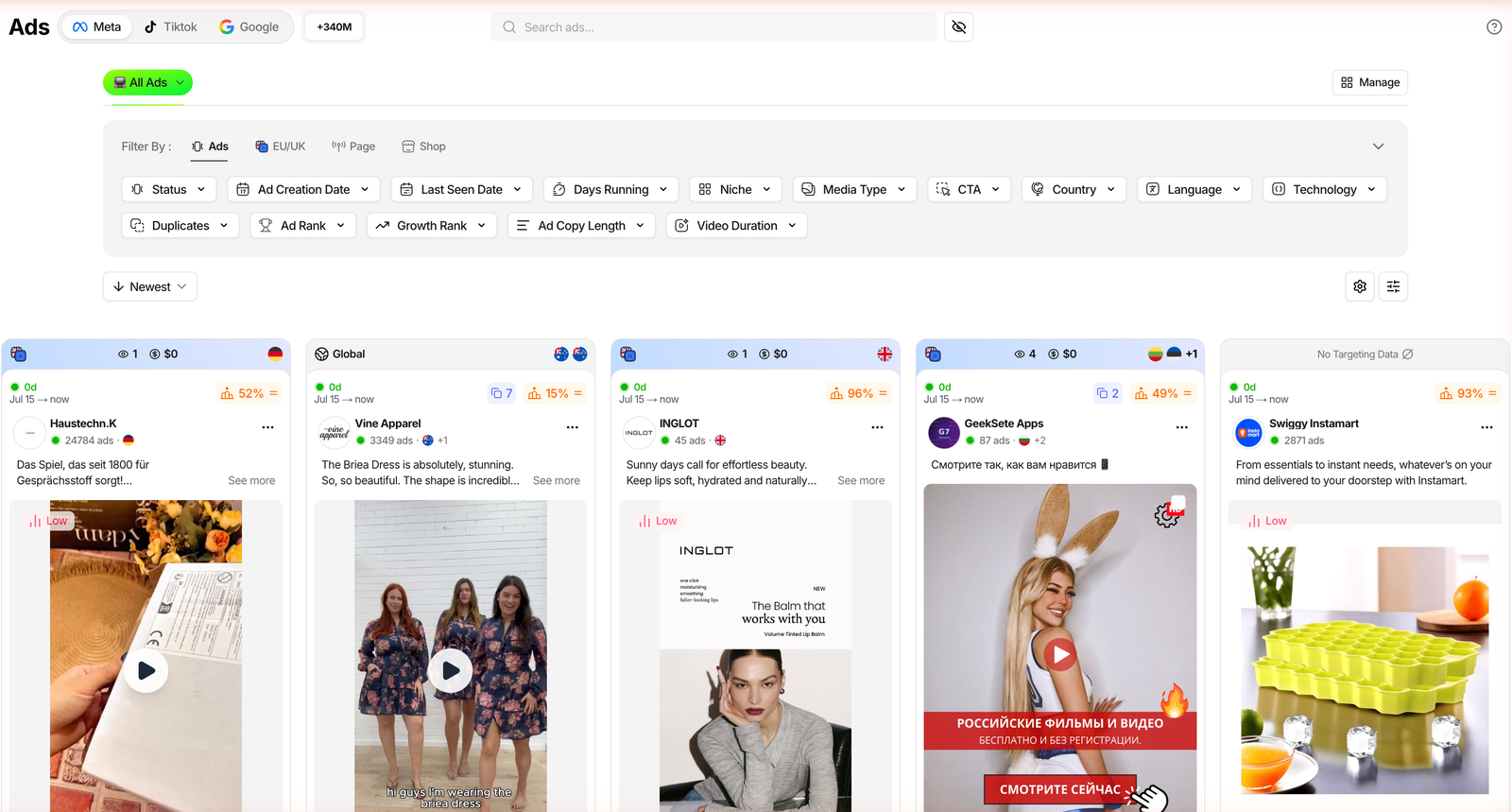 TrendTrack Ads module on the Meta tab sorted by Newest, showing creatives launched today with growth badges
