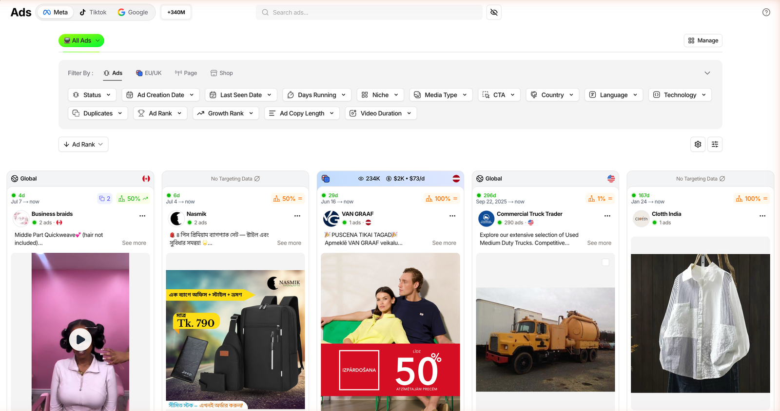 TrendTrack Ads module showing live competitor ad creatives across Meta, TikTok and Google, with days running, Ad Rank and estimated spend