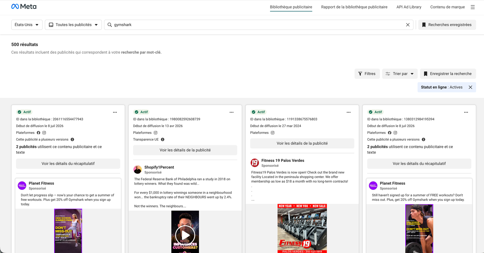 Facebook Ad Library results grid showing active ad cards with start dates and platforms