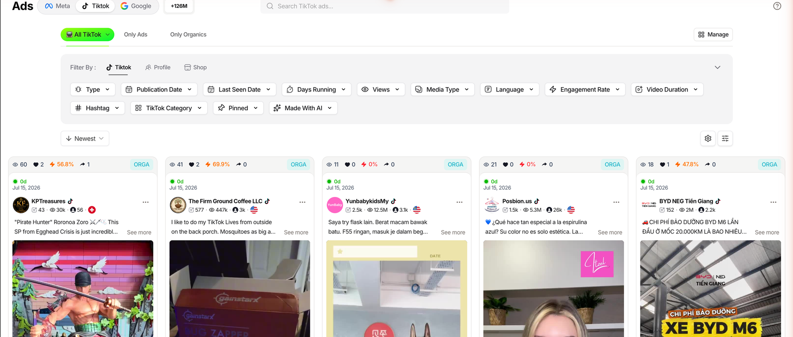 TrendTrack Ads module with the TikTok platform tab selected showing TikTok ad cards and filters