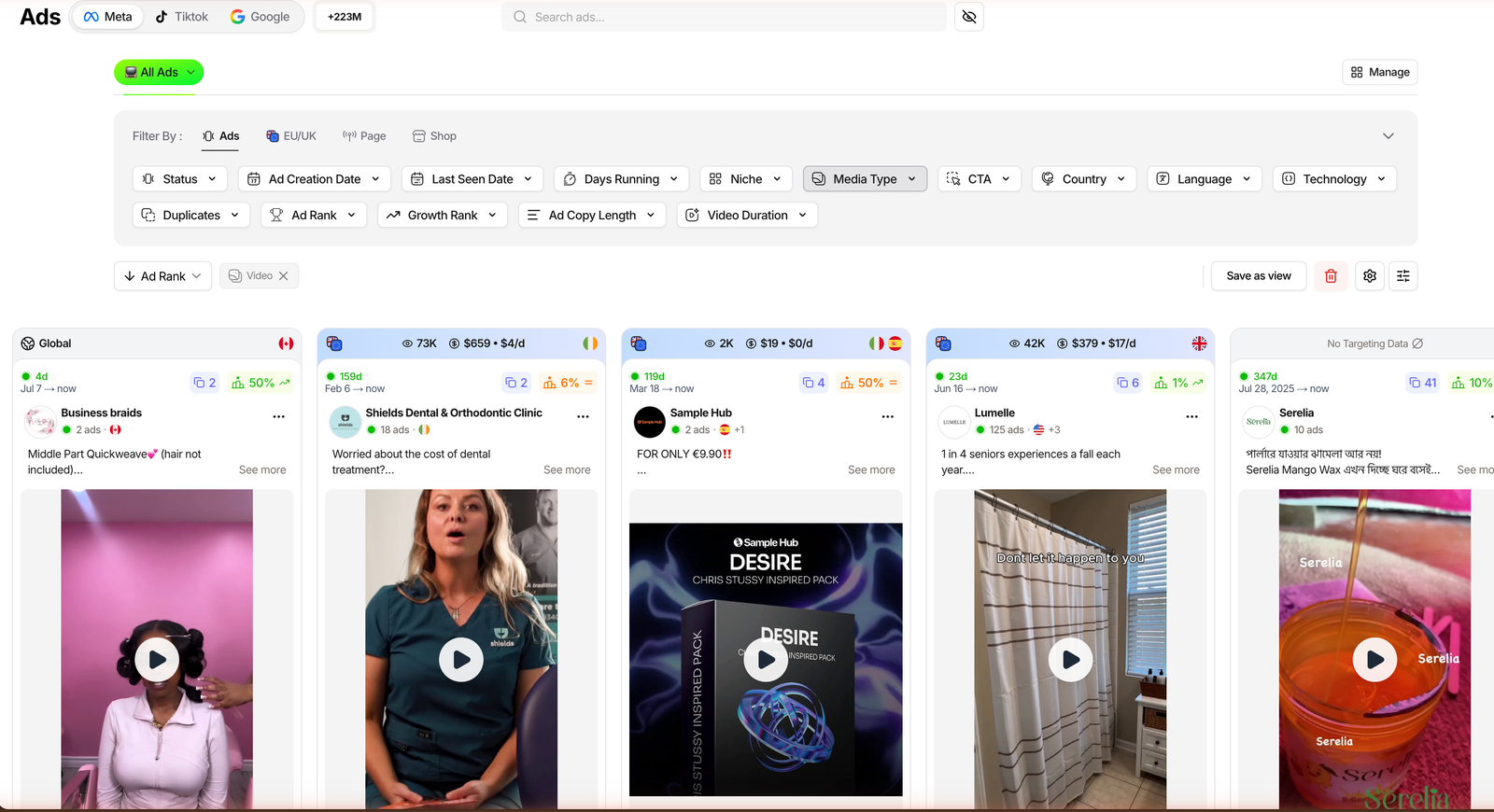 TrendTrack Ads module filtered to video creatives across the Meta index
