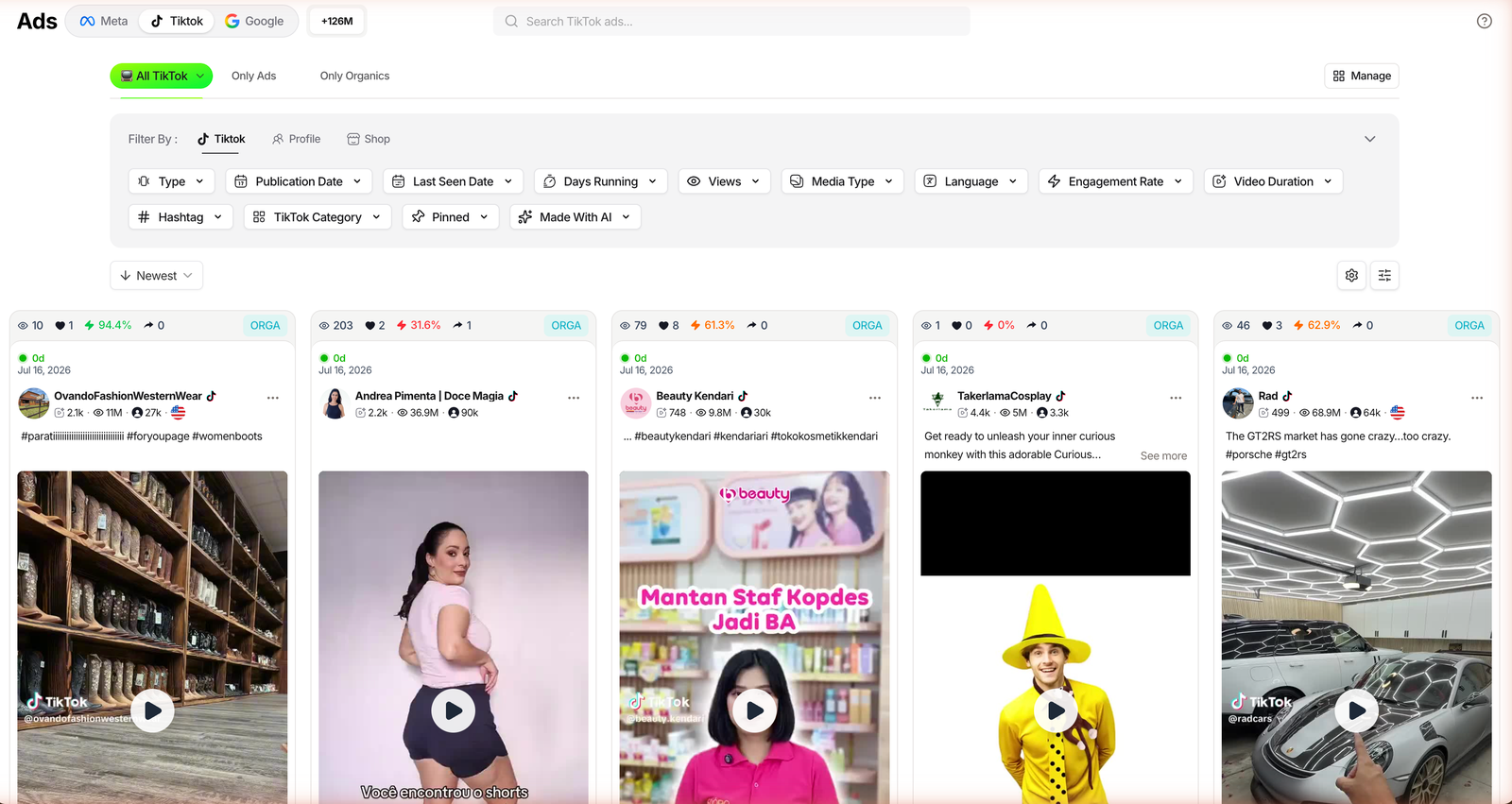 TrendTrack Ads module on the TikTok tab, showing live TikTok ad cards and the filter rail