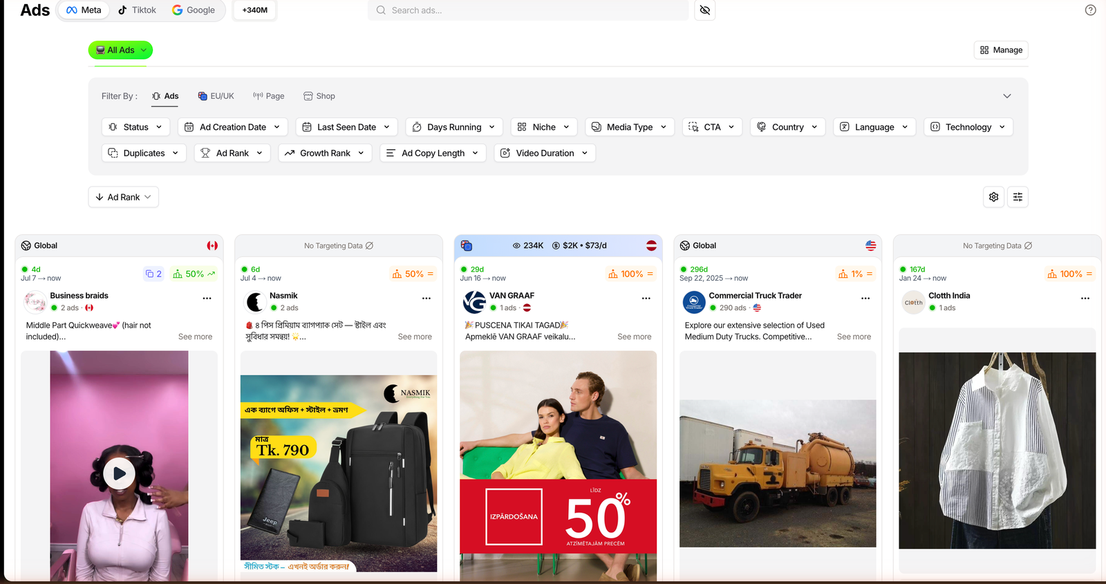 TrendTrack Ads module filtering Meta ads by ad copy length and CTA type.
