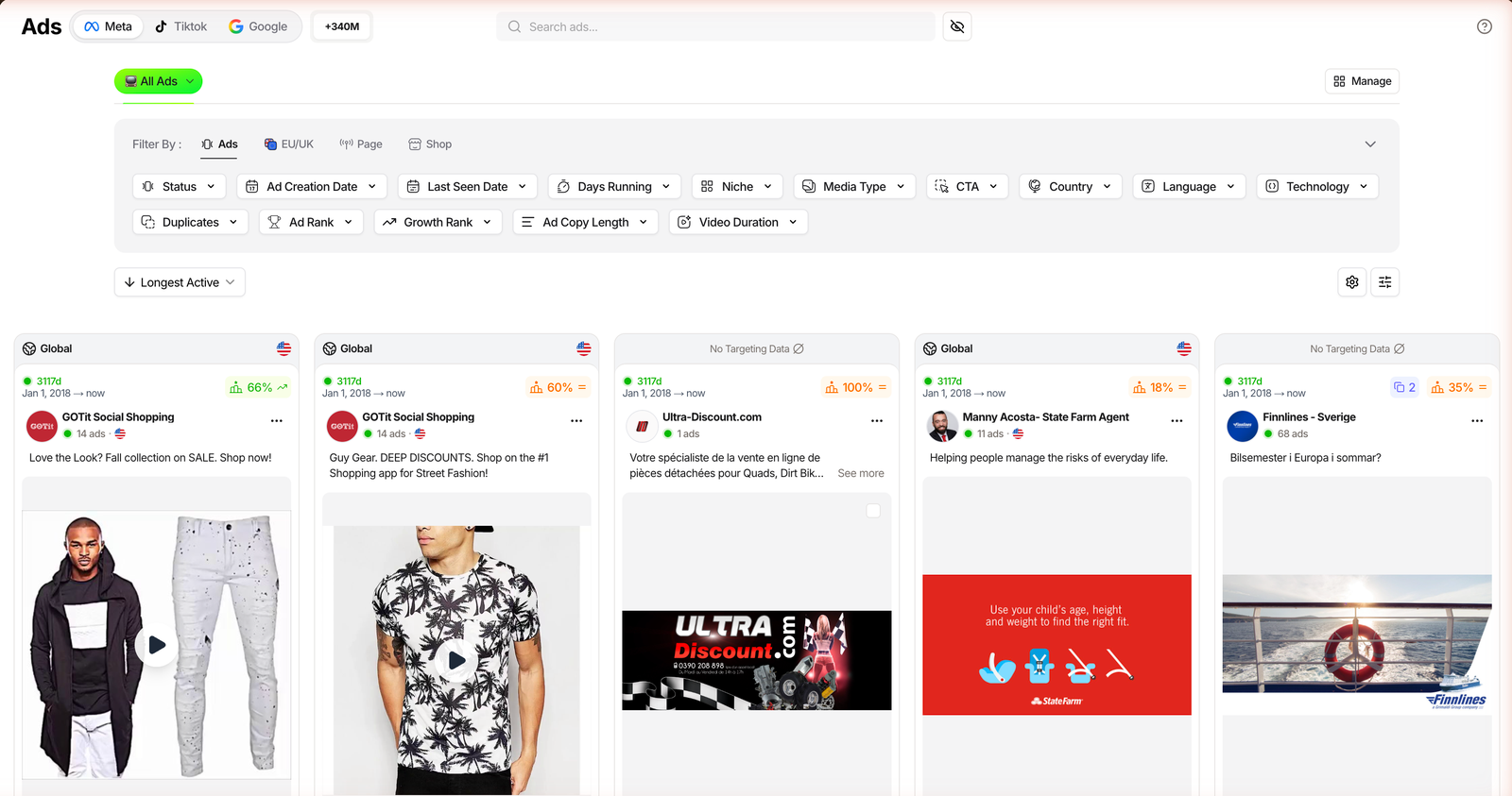 TrendTrack Ads module with Meta, Tiktok and Google platform tabs and a total ad counter