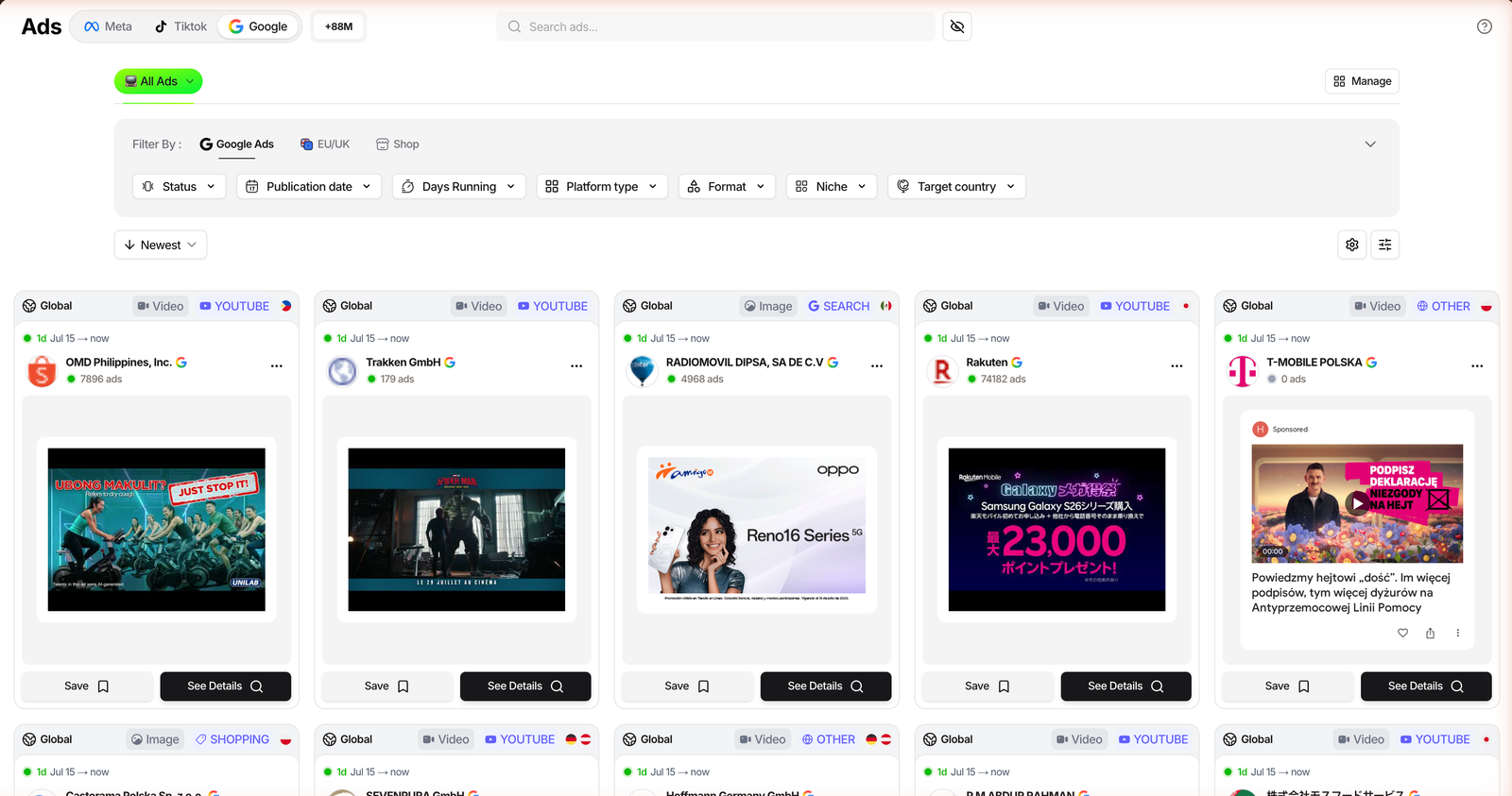 TrendTrack Ads module on the Google tab showing Google ads tagged YouTube, Search and Other