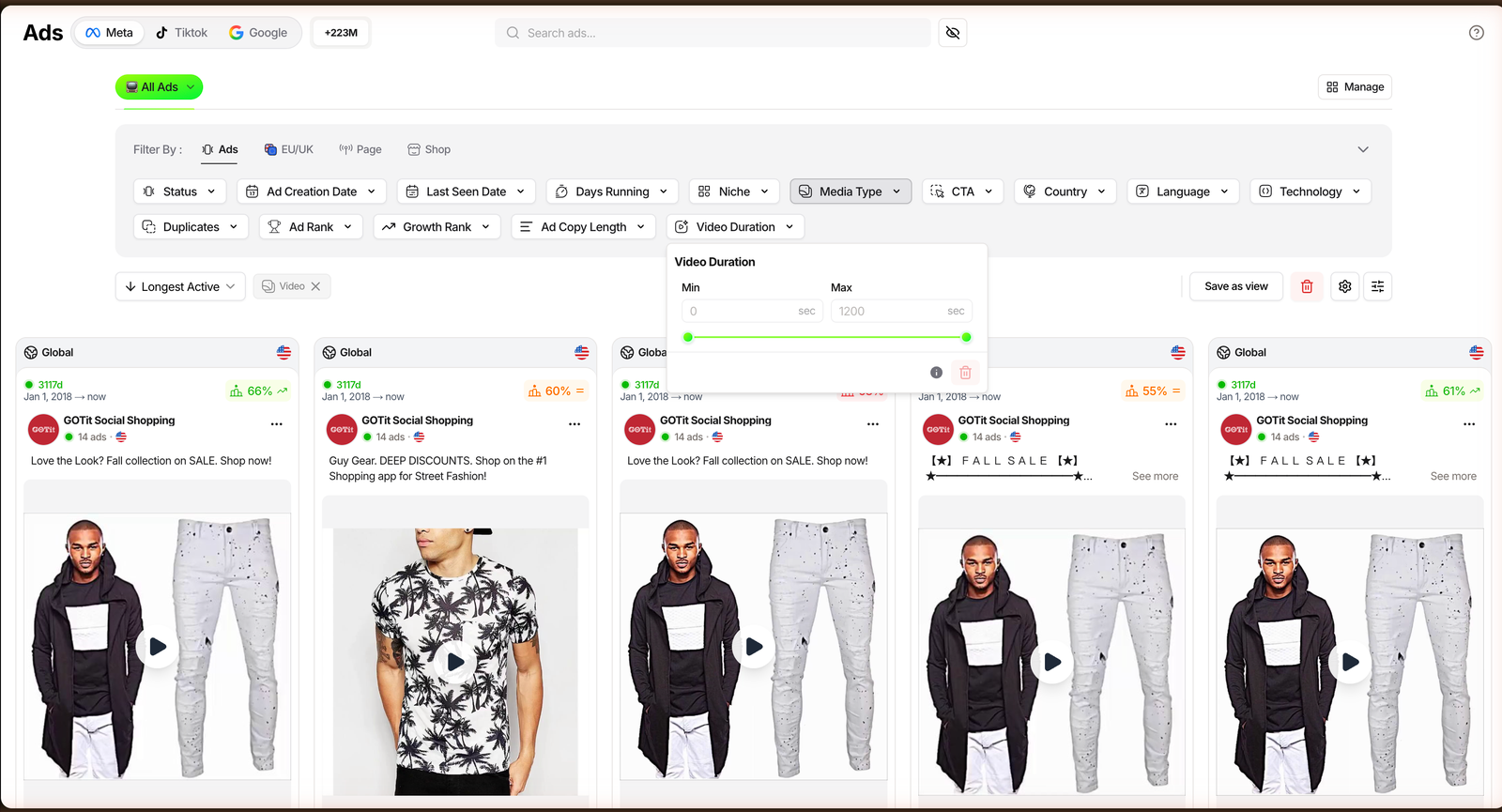 TrendTrack Ads module filtering Meta video ads by Media Type Video and a Video Duration range of 0 to 1200 seconds