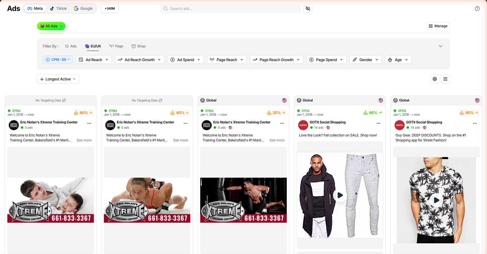 TrendTrack Ads library on the Meta tab sorted by longest active, showing competitor ads with days running and Ad Rank scores