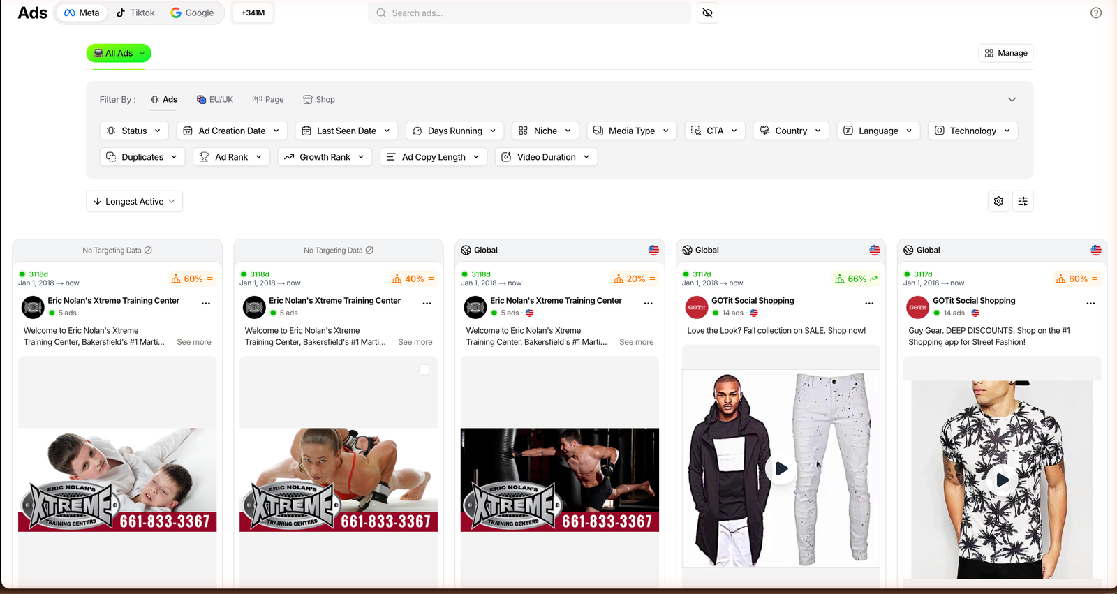 TrendTrack Ads module on the Meta tab showing live competitor ads scored by Ad Rank, with filters for Ad Rank, Growth Rank, niche, media type and days running