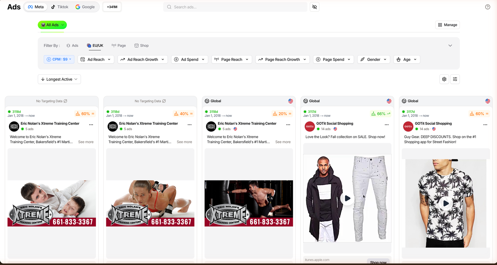 TrendTrack Ads module showing over 341 million tracked ads across Meta, TikTok and Google, with EU/UK spend filters and days-running per creative.